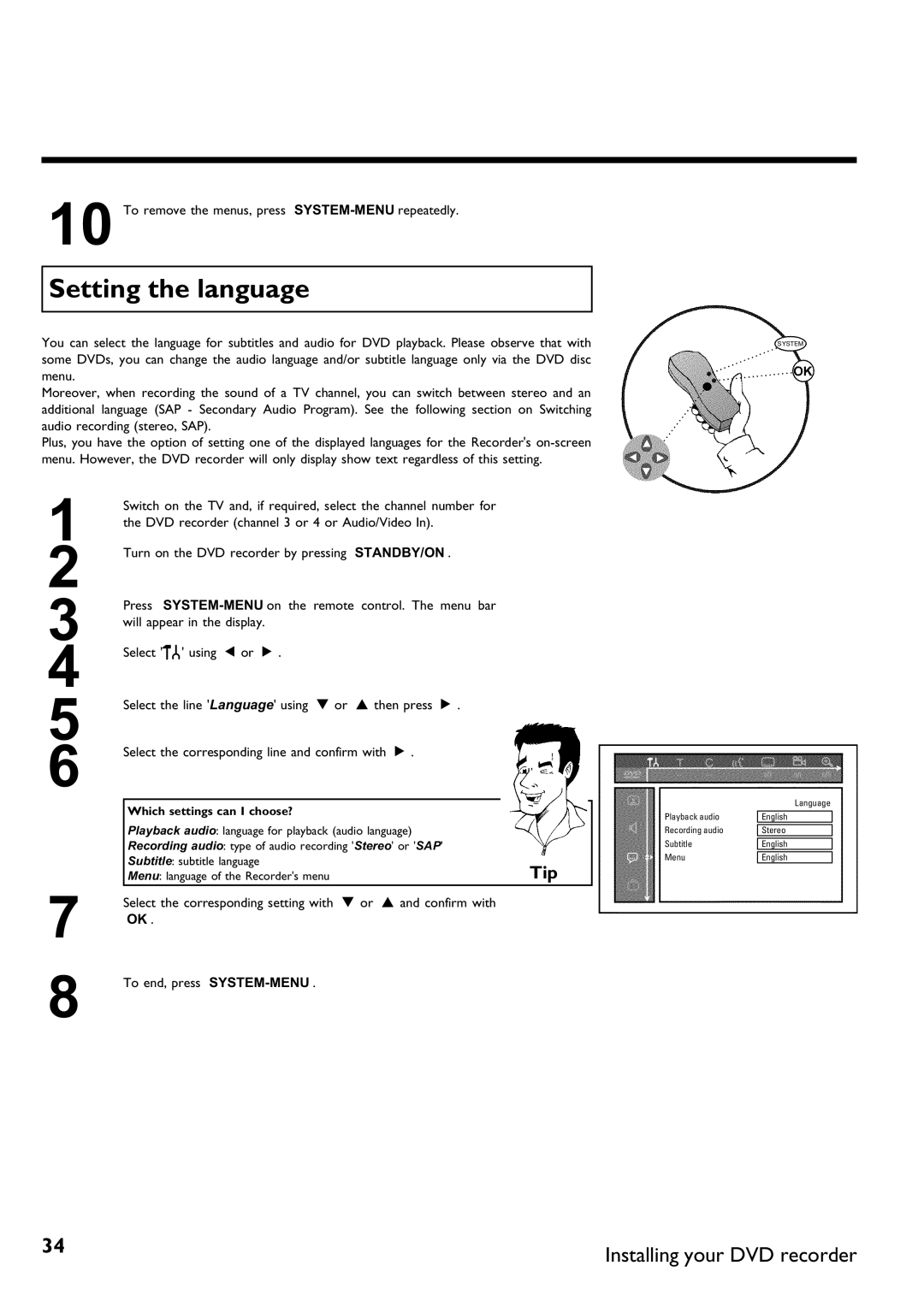 Magnavox MDV650R, MDV630R manual Setting the language, Menu language of the Recorders menu 