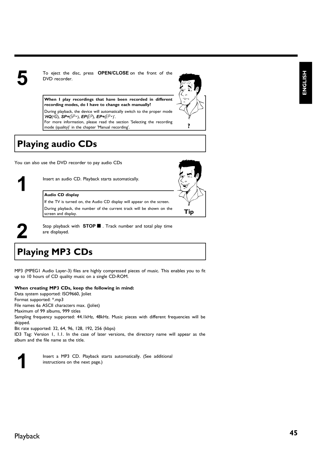 Magnavox MDV630R Playing audio CDs, Playing MP3 CDs, When creating MP3 CDs, keep the following in mind, Audio CD display 