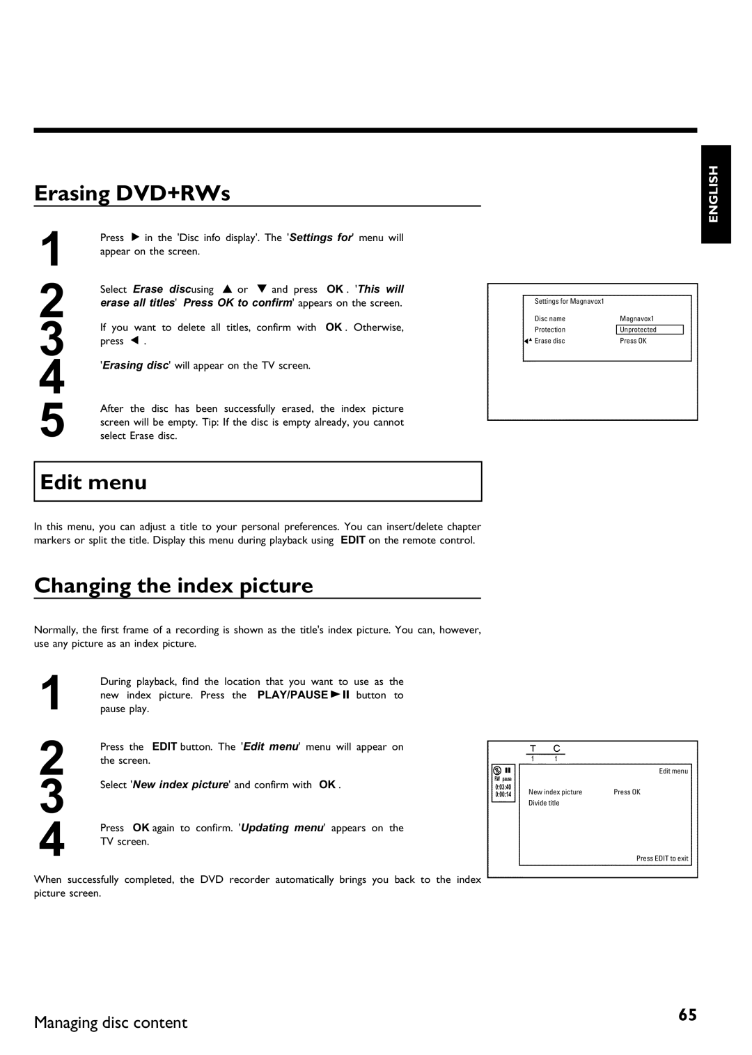 Magnavox MDV630R, MDV650R manual Erasing DVD+RWs, Edit menu, Changing the index picture 