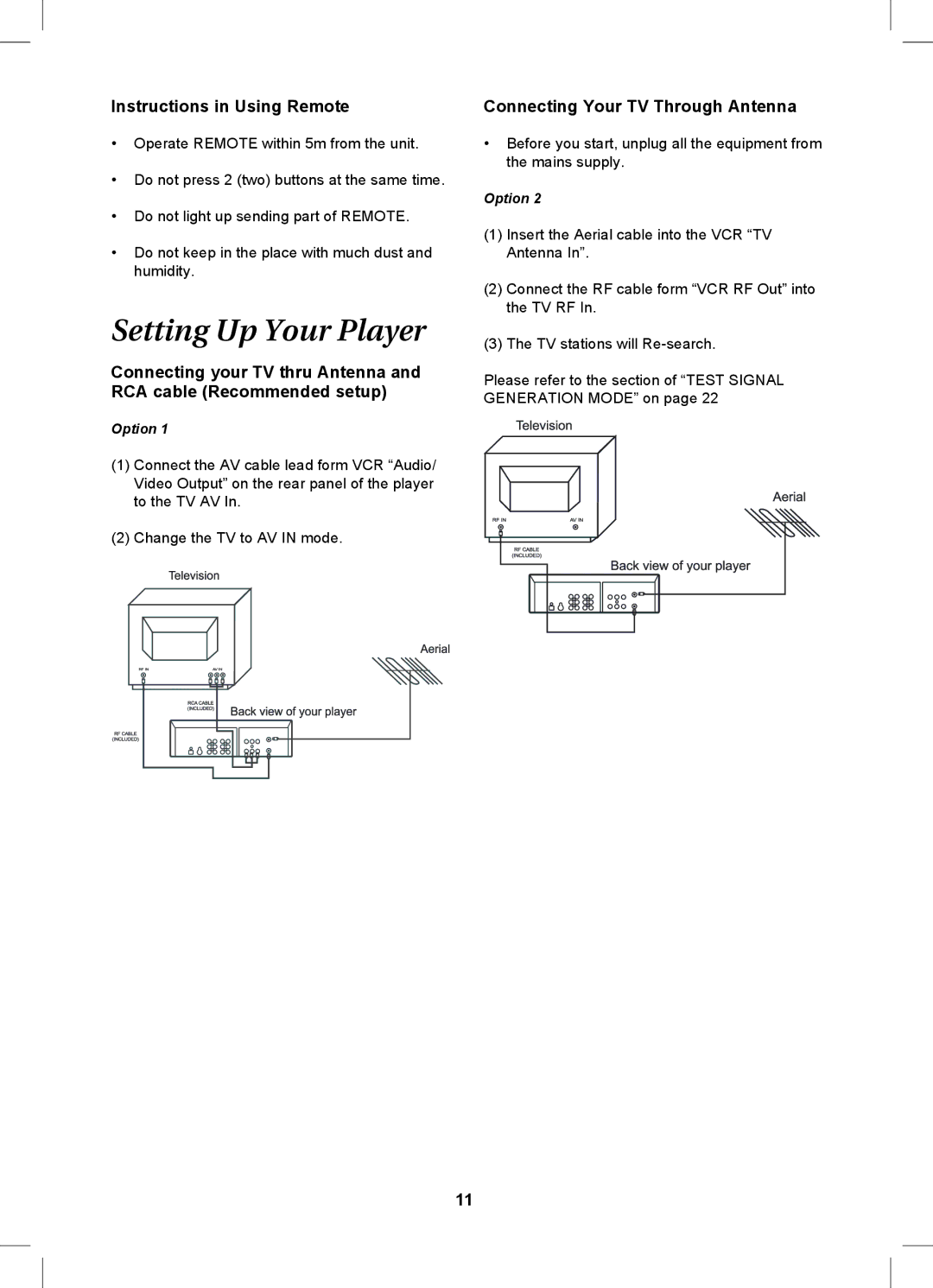 Magnavox MDVDVCR5 manual Setting Up Your Player, Instructions in Using Remote, Connecting Your TV Through Antenna, Option 