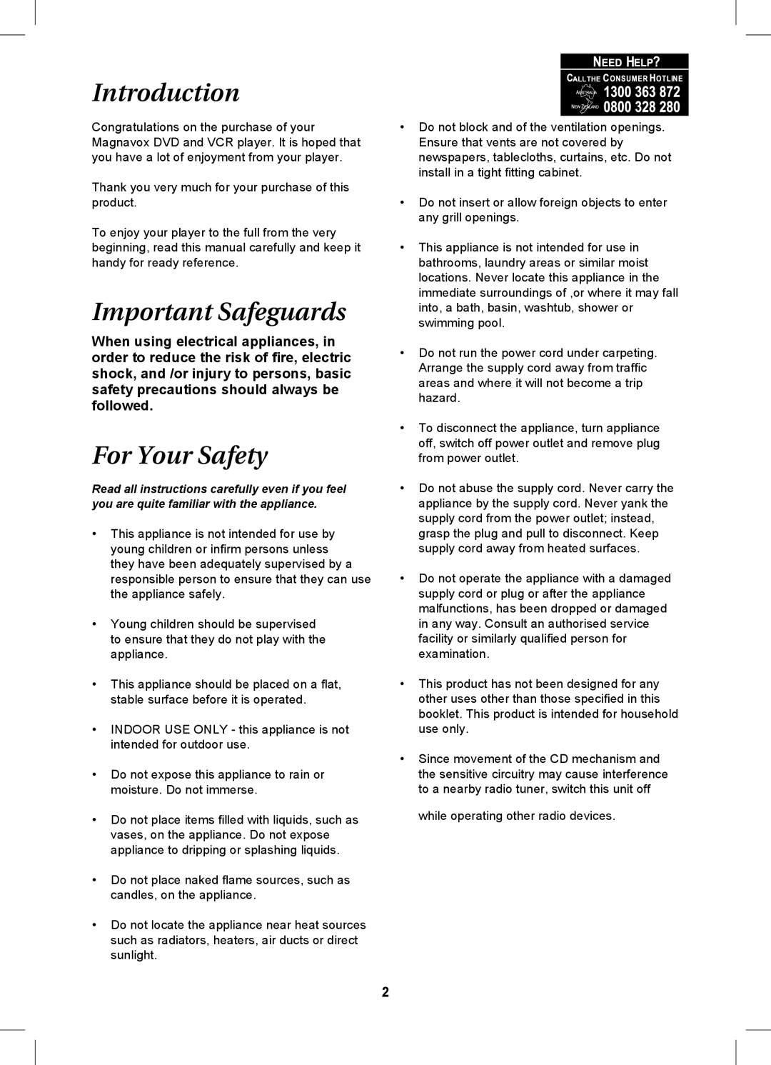 Magnavox MDVDVCR5 manual Introduction, Important Safeguards, For Your Safety 