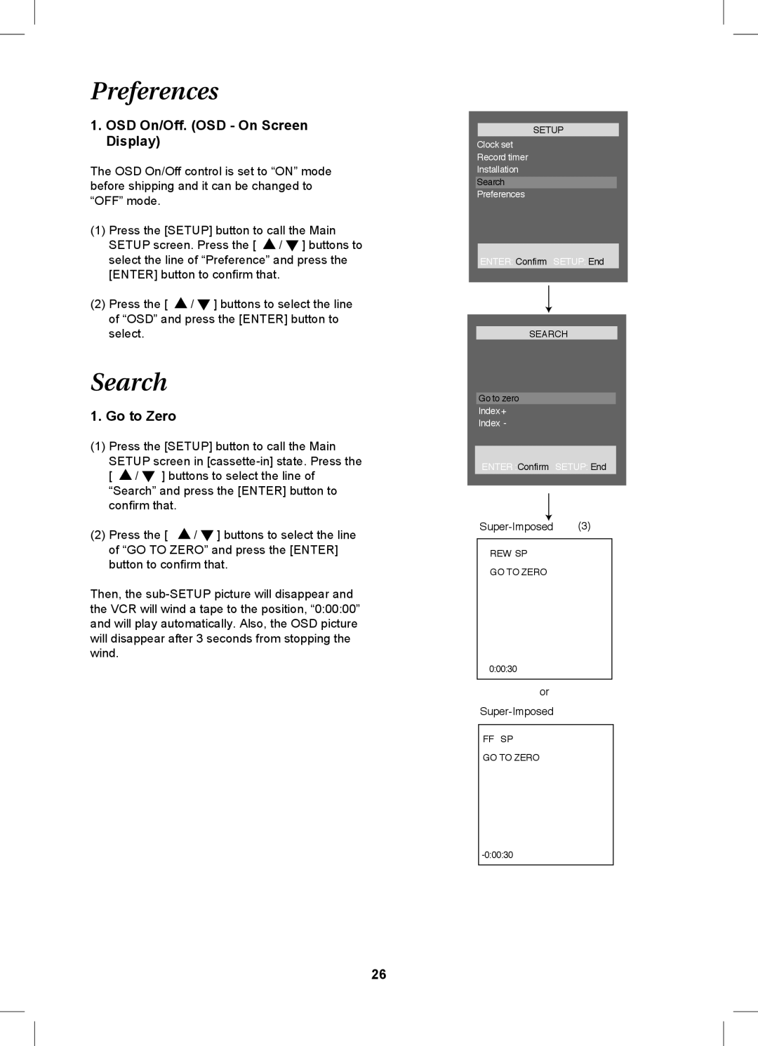 Magnavox MDVDVCR5 manual Preferences, Search, OSD On/Off. OSD On Screen Display, Go to Zero 