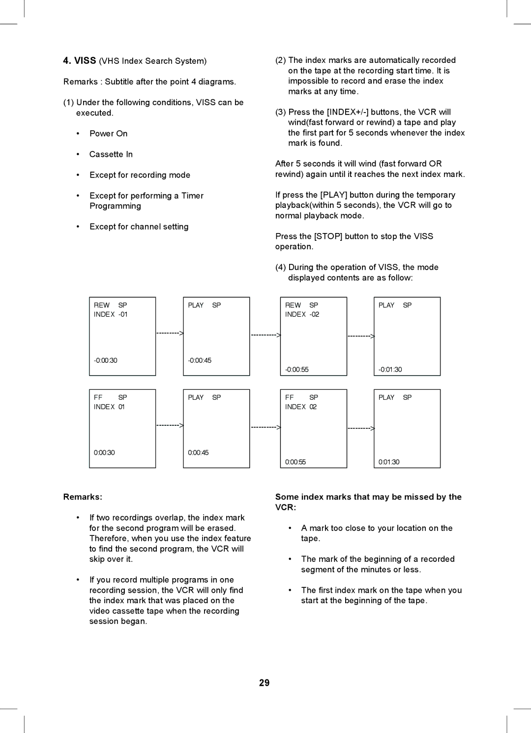 Magnavox MDVDVCR5 manual Remarks, Some index marks that may be missed by the VCR 