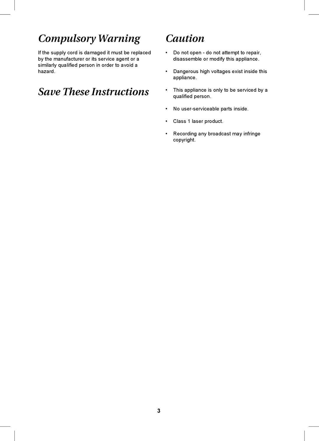 Magnavox MDVDVCR5 manual Compulsory Warning 