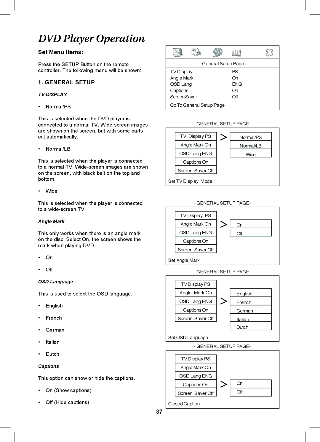 Magnavox MDVDVCR5 manual Set Menu Items, Angle Mark, OSD Language, Captions 