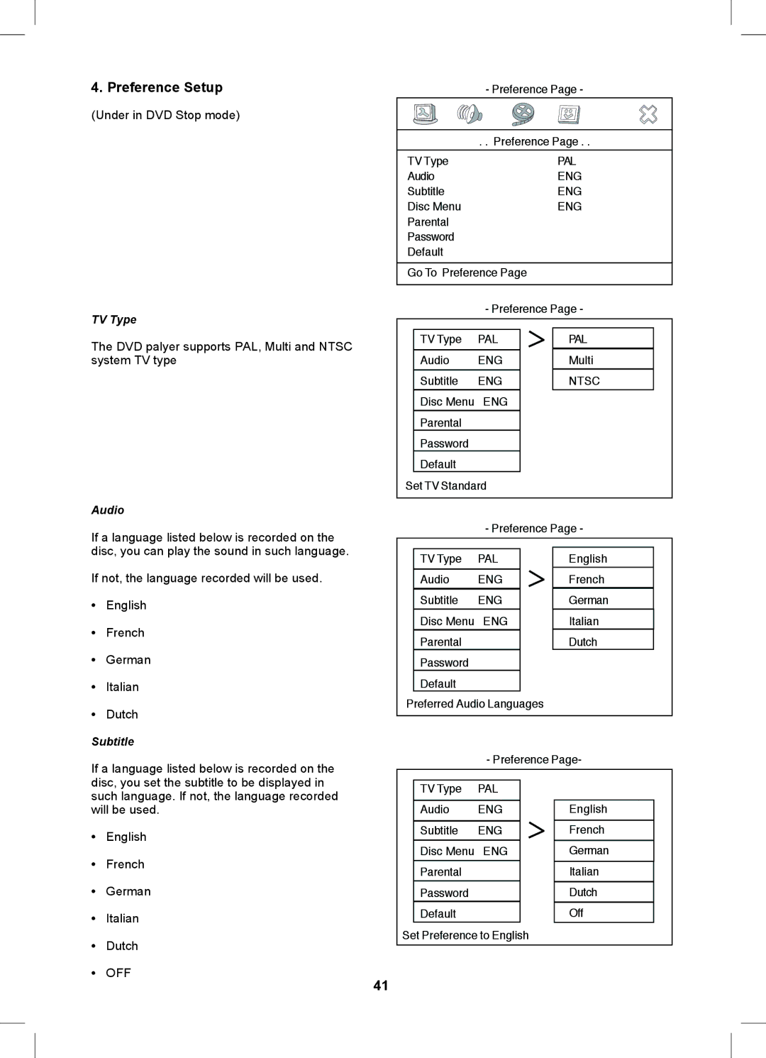 Magnavox MDVDVCR5 manual Preference Setup, TV Type, Audio, Subtitle 