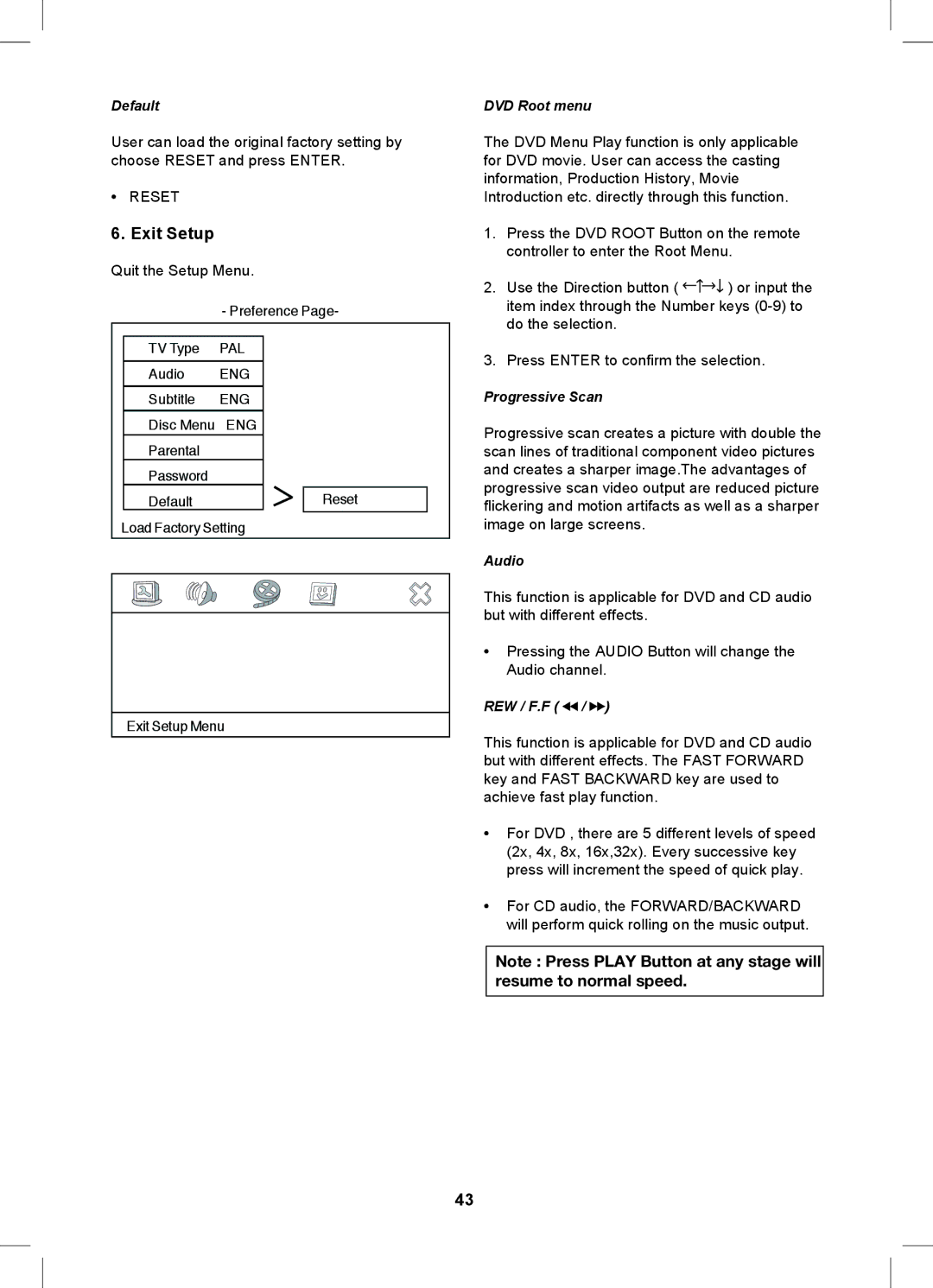 Magnavox MDVDVCR5 manual Exit Setup, Default, DVD Root menu, Progressive Scan, Rew / F.F 