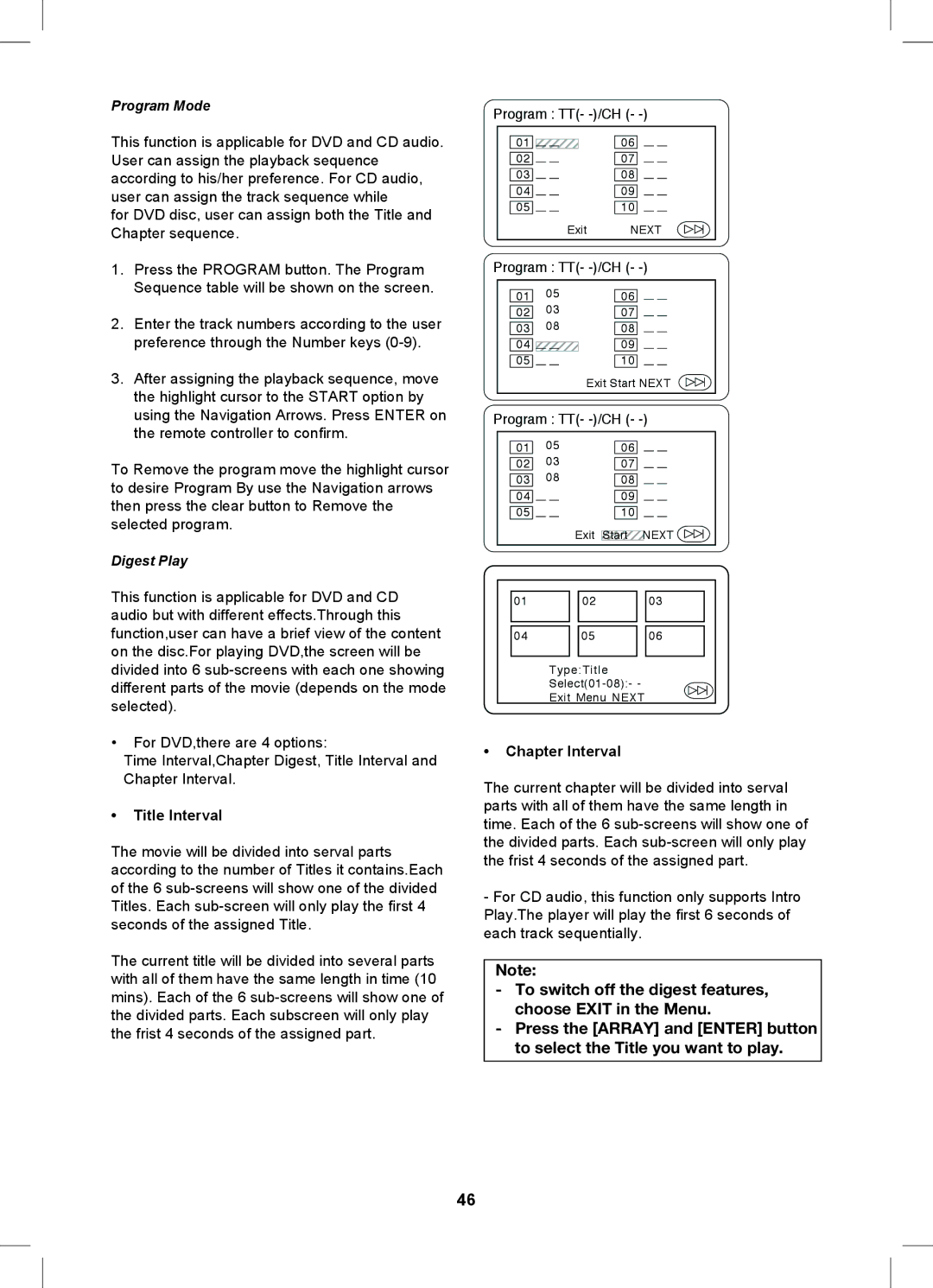 Magnavox MDVDVCR5 manual Title Interval, Chapter Interval, Program Mode, Digest Play 