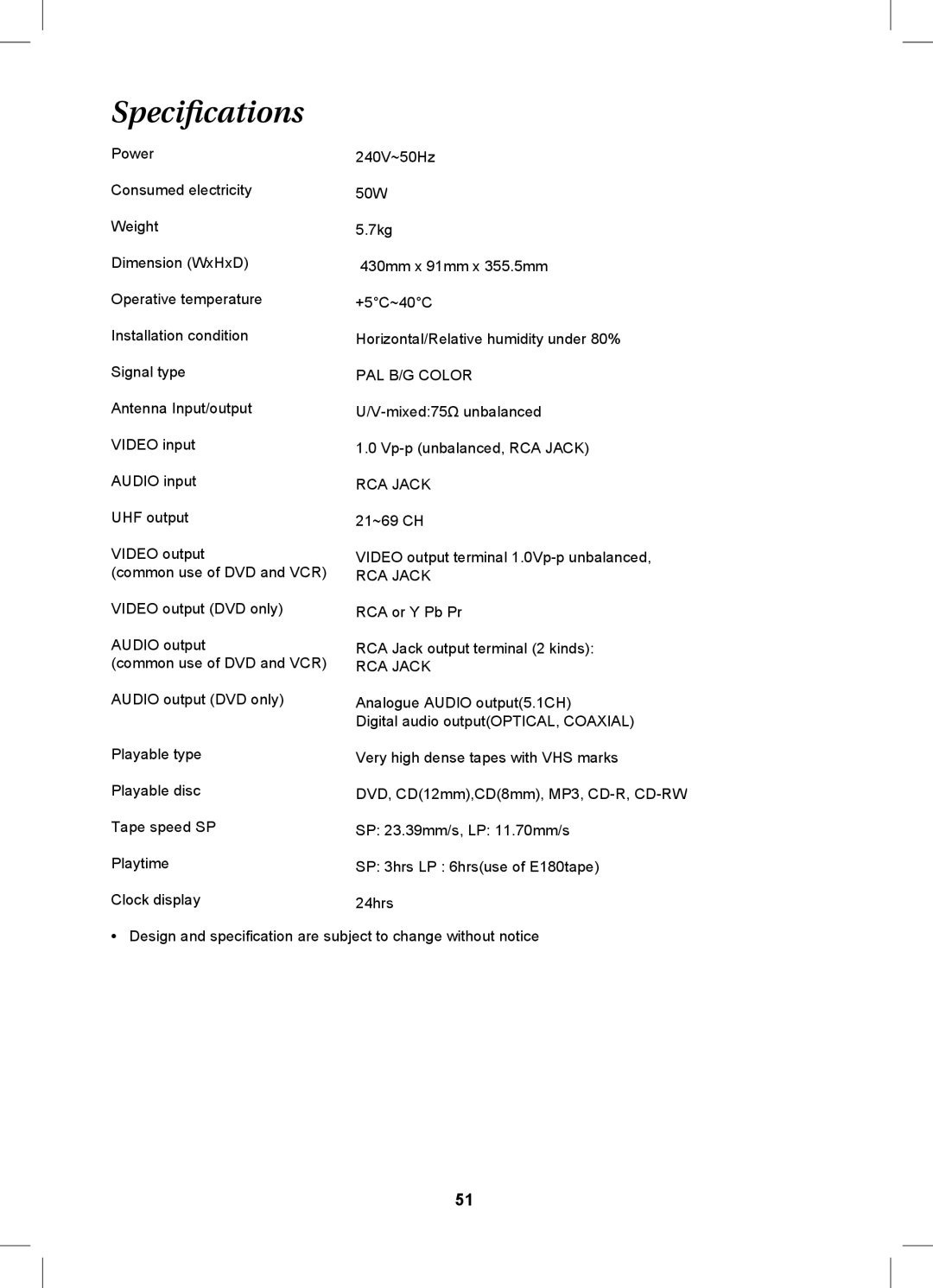 Magnavox MDVDVCR5 manual Speciﬁcations, PAL B/G Color 