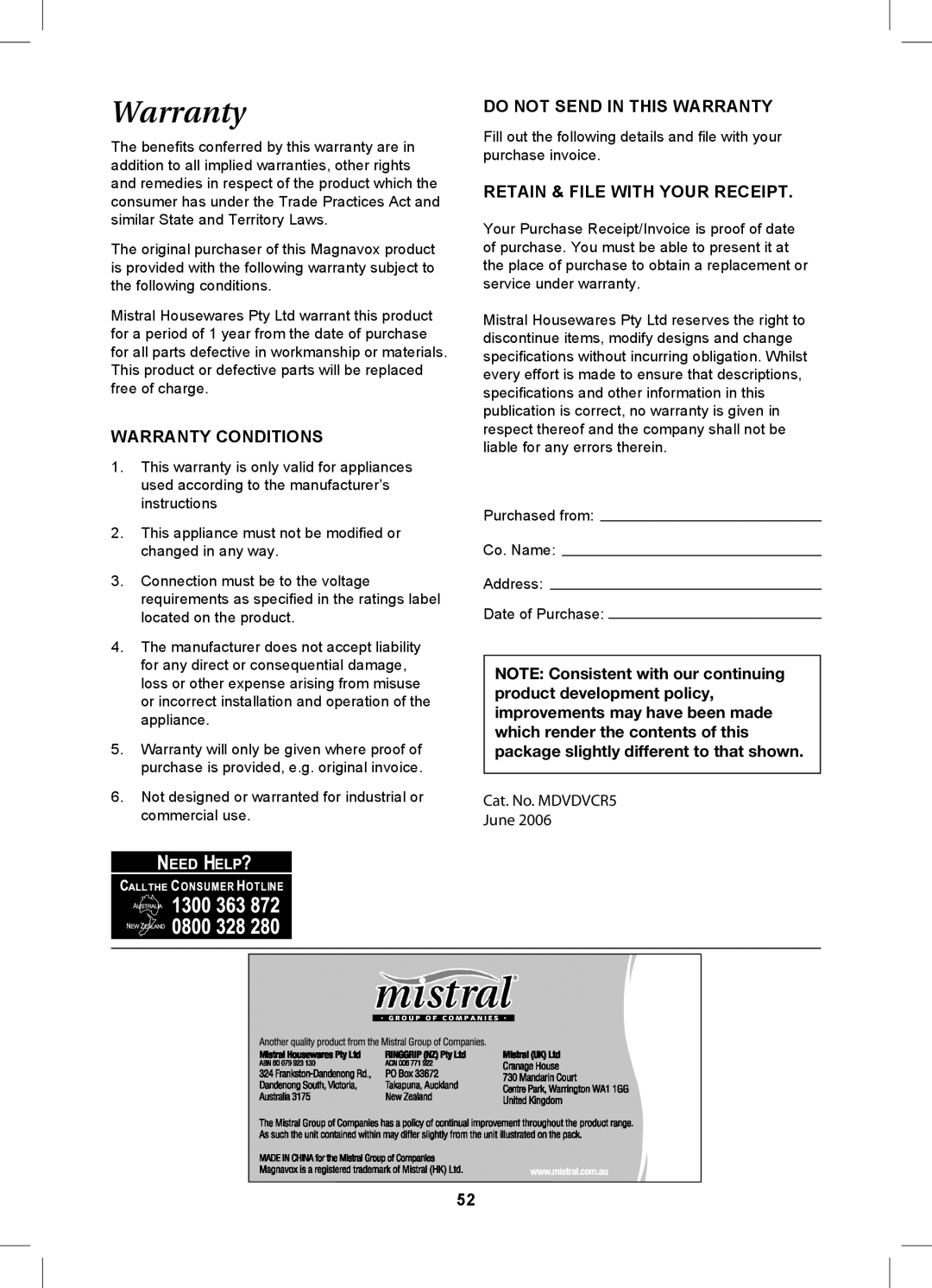 Magnavox MDVDVCR5 manual Warranty Conditions 