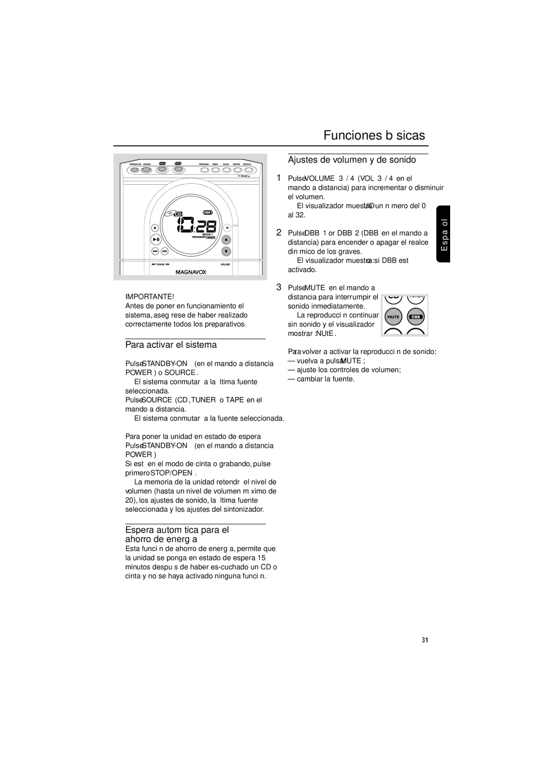 Magnavox MME100 Ajustes de volumen y de sonido, Para activar el sistema, Espera automática para el ahorro de energía 