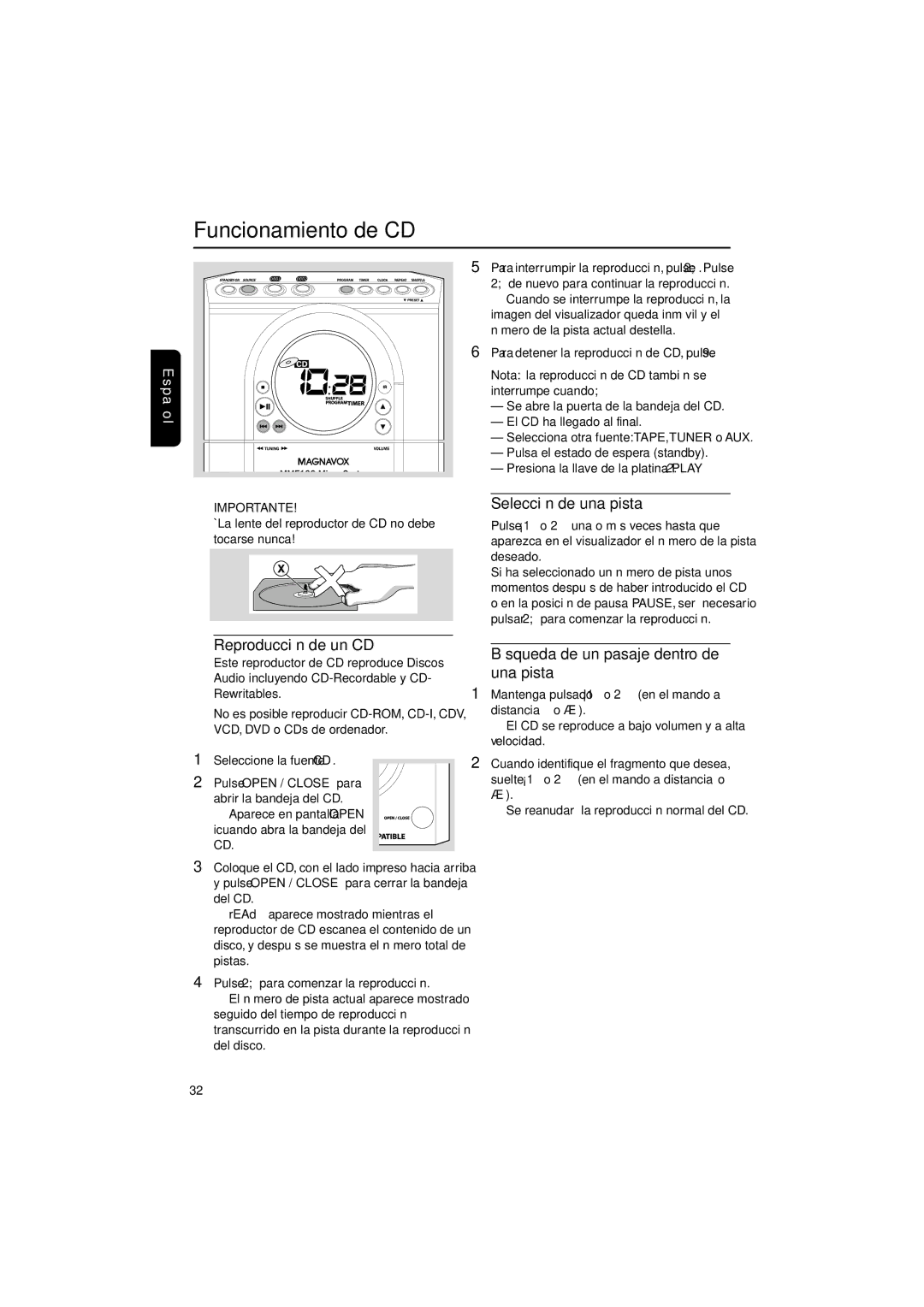 Magnavox MME100 warranty Funcionamiento de CD, Selección de una pista, Reproducción de un CD 