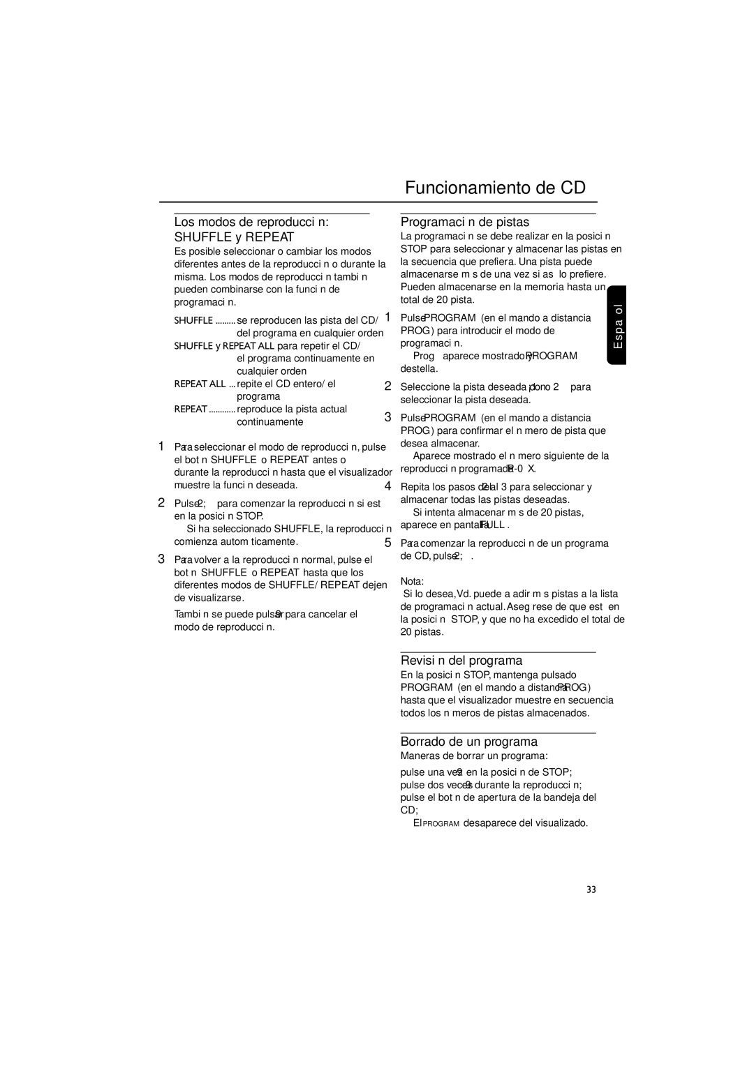 Magnavox MME100 warranty Programación de pistas, Revisión del programa, Borrado de un programa 