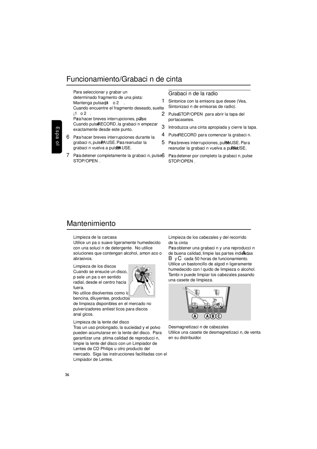 Magnavox MME100 warranty Funcionamiento/Grabación de cinta, Mantenimiento, Grabación de la radio 