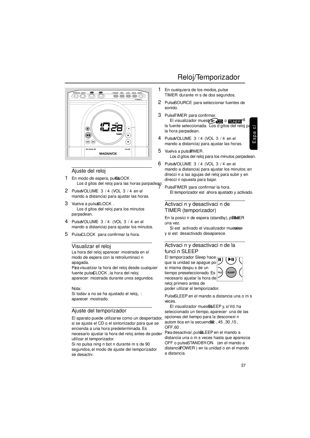 Magnavox MME100 warranty Reloj/Temporizador 