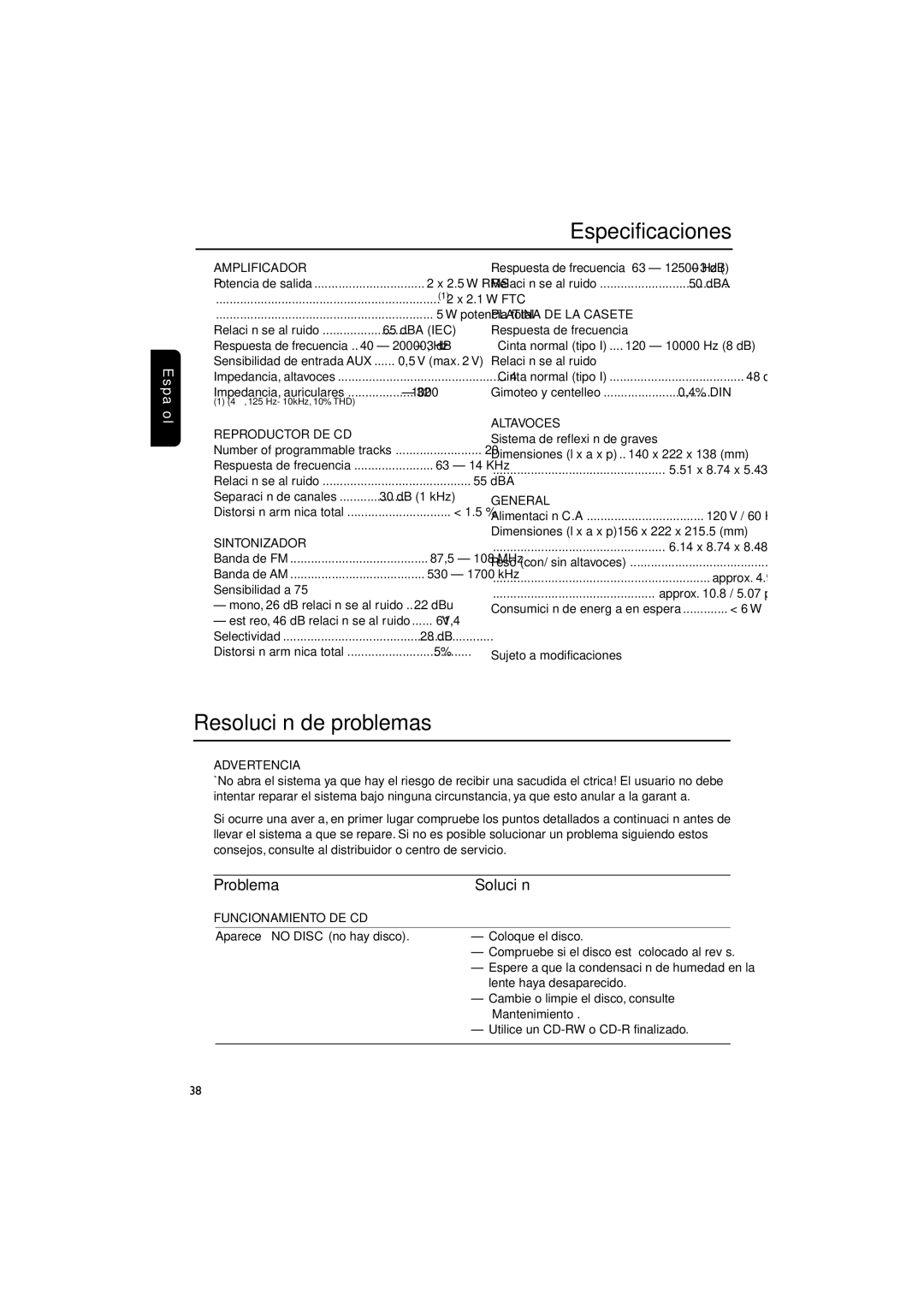 Magnavox MME100 warranty Especificaciones, Resolución de problemas, Problema Solución 