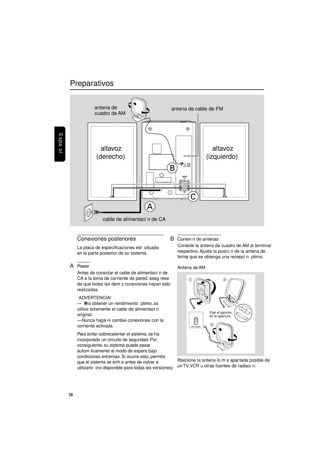 Magnavox MME100 warranty Preparativos, Conexiones posteriores, Antena de cable de FM, Power, Antena de AM 