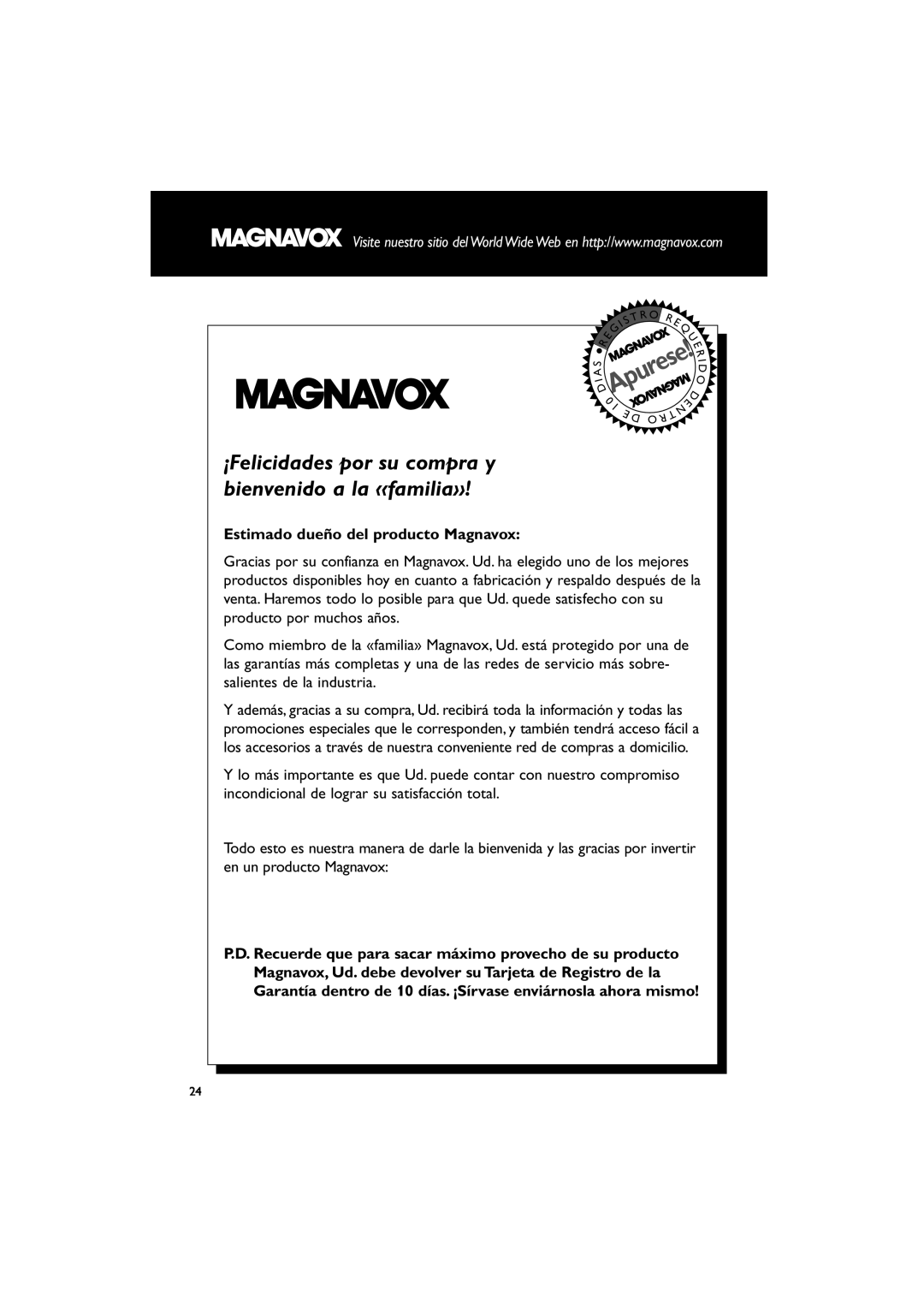 Magnavox MME100 warranty Estimado dueño del producto Magnavox, Apurese 
