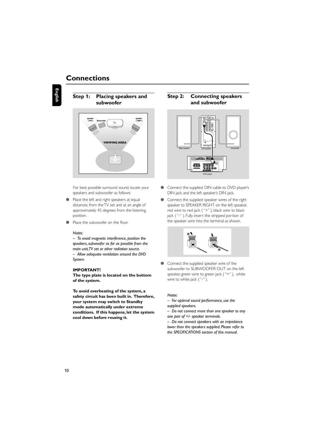 Magnavox MME239 owner manual Connections, Placing speakers, Connecting speakers and subwoofer 