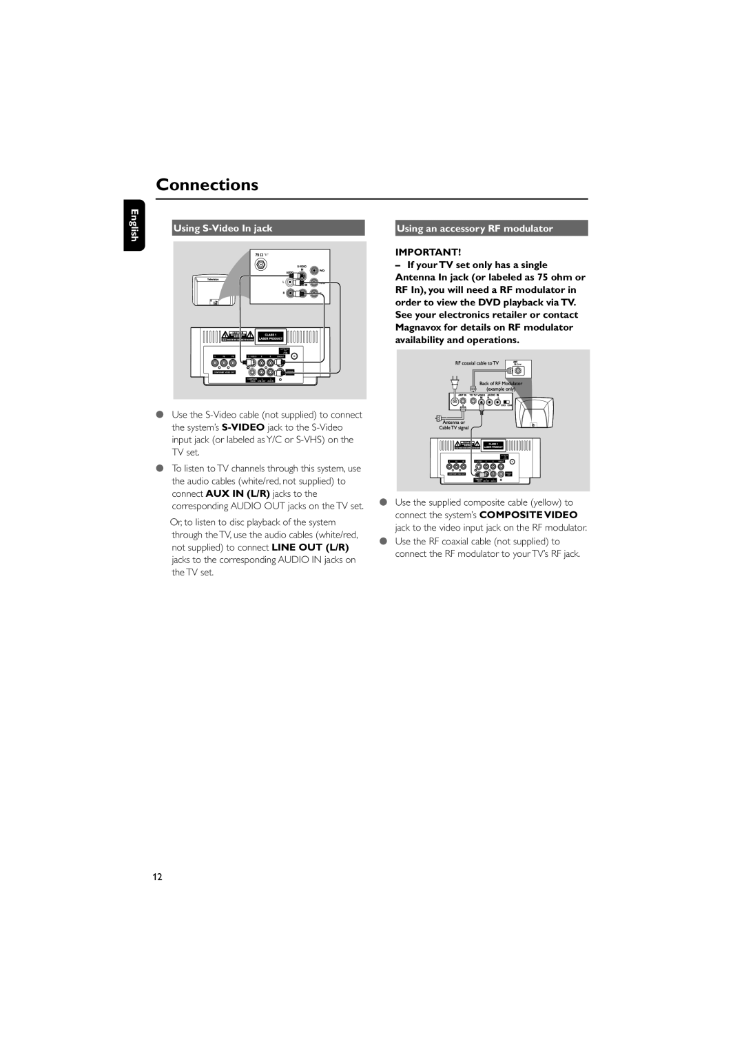 Magnavox MME239 owner manual English Using S-Video In jack, Using an accessory RF modulator 