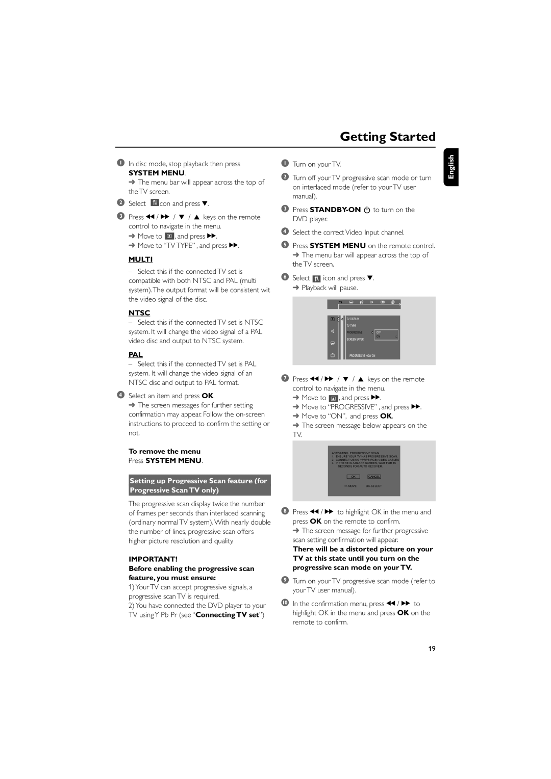 Magnavox MME239 owner manual Multi, Ntsc, Pal, To remove the menu Press System Menu, Progressive Scan TV only 