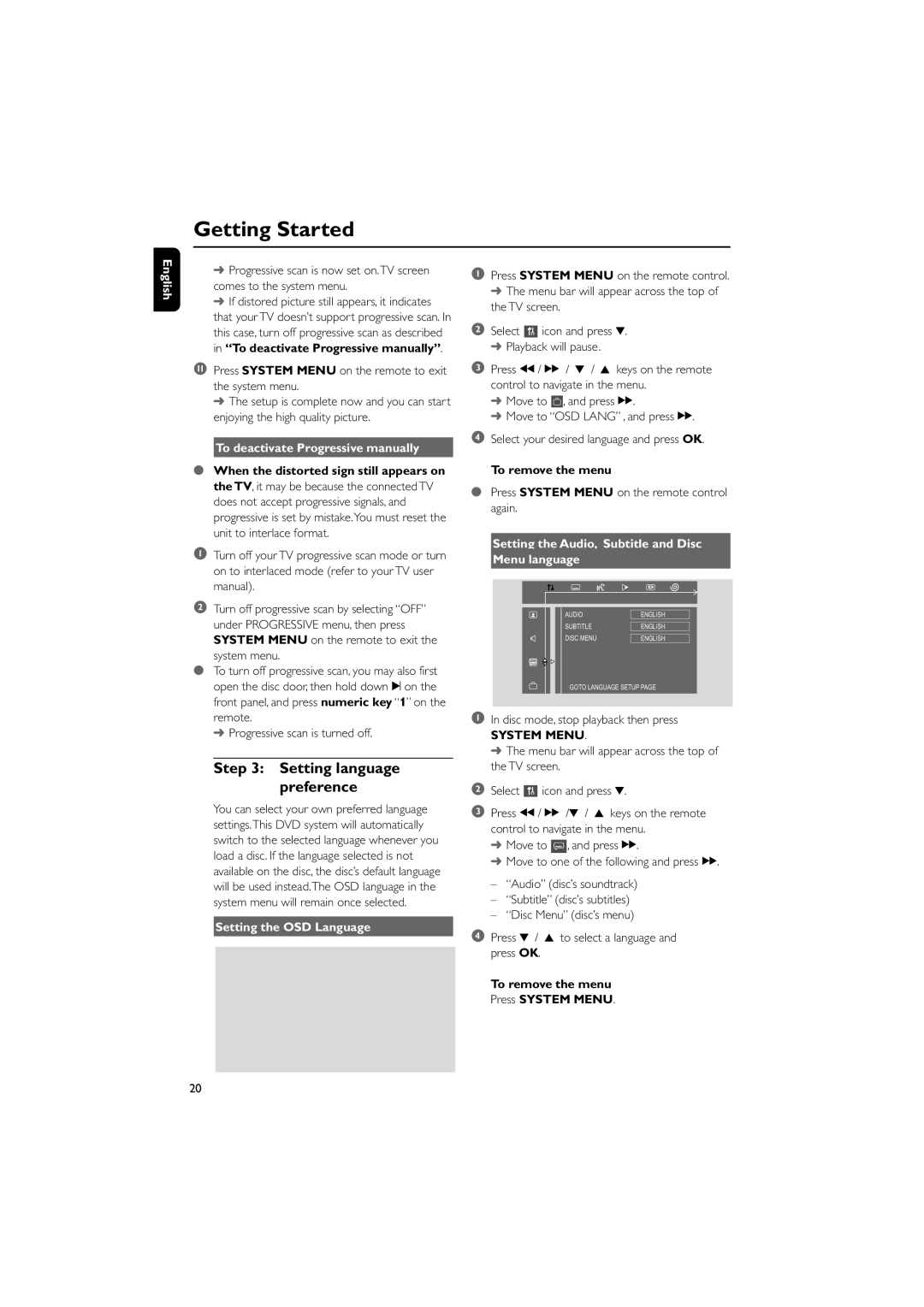 Magnavox MME239 owner manual Setting language preference, To deactivate Progressive manually, Setting the OSD Language 