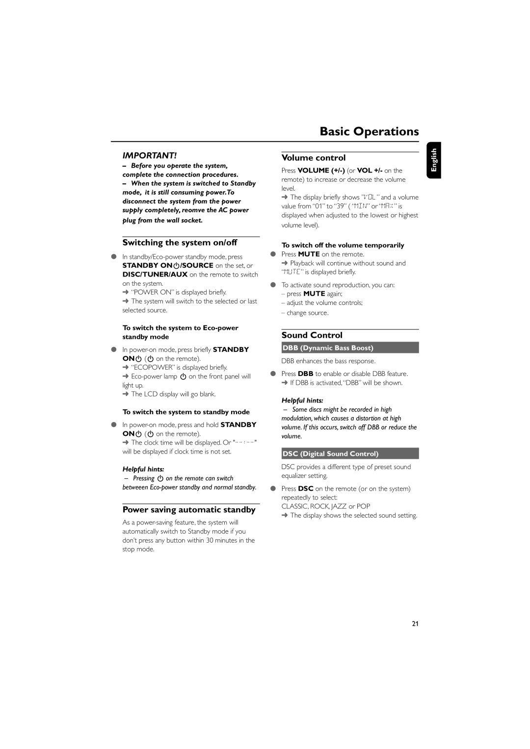 Magnavox MME239 owner manual Basic Operations, Switching the system on/off, Volume control, Power saving automatic standby 