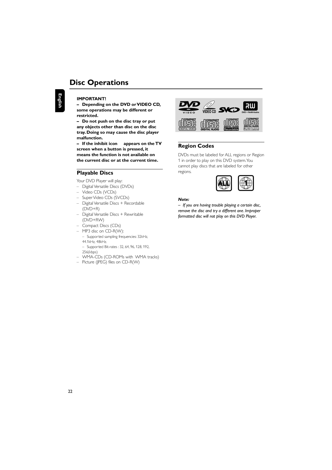 Magnavox MME239 Disc Operations, Playable Discs, Region Codes, WMA-CDs CD-ROMs with WMA tracks Picture Jpeg files on CD-RW 