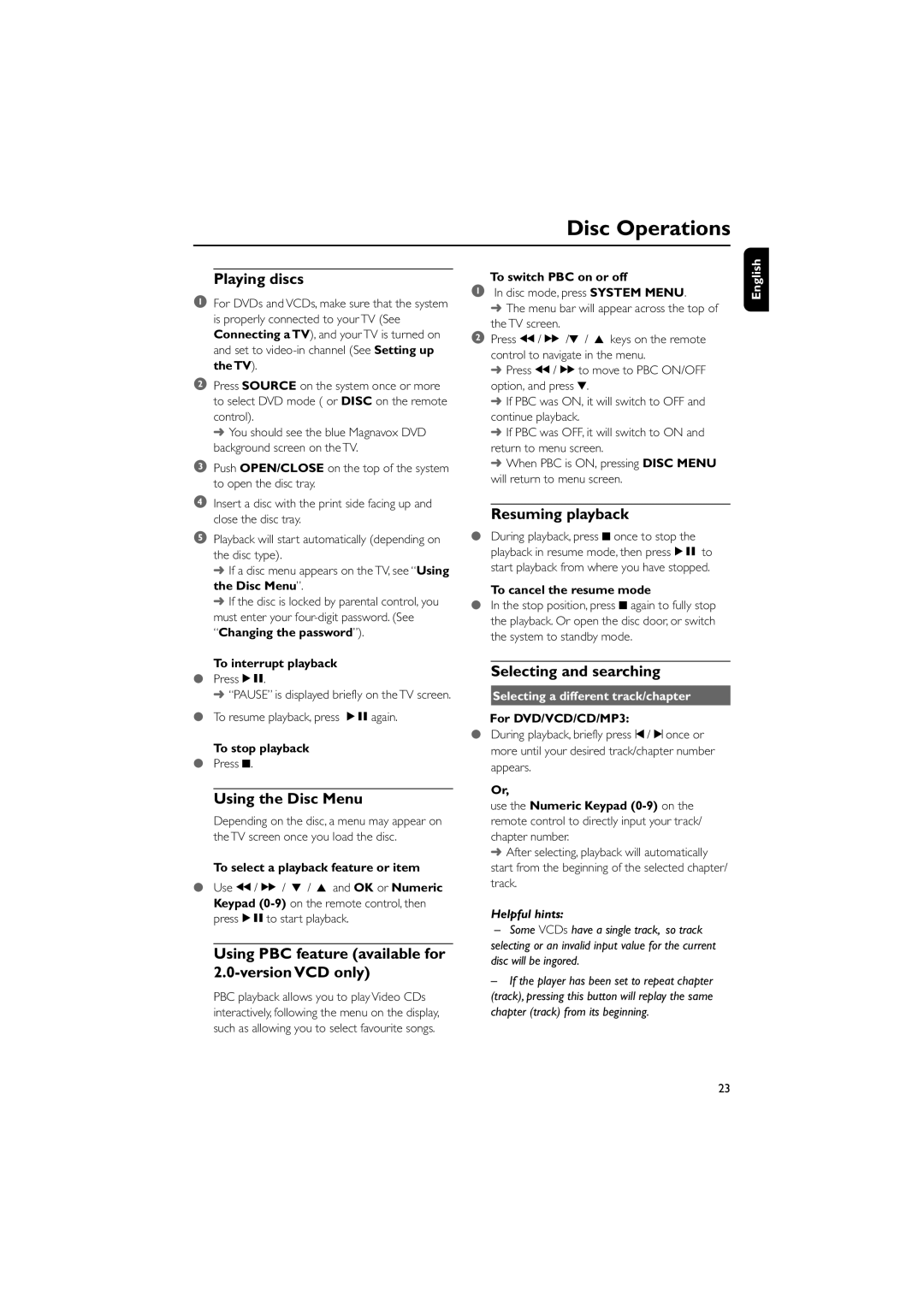 Magnavox MME239 owner manual Playing discs, Using the Disc Menu, Using PBC feature available for 2.0-version VCD only 