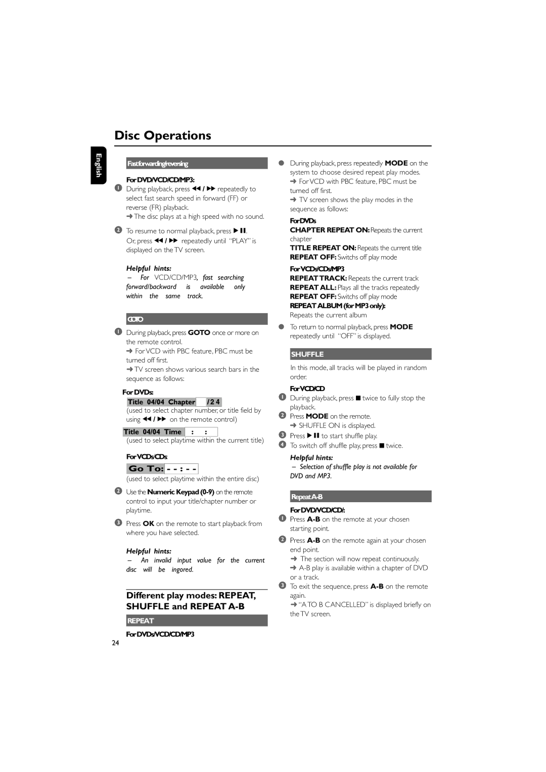 Magnavox MME239 owner manual English Fastforwarding/reversing, RepeatA-B 