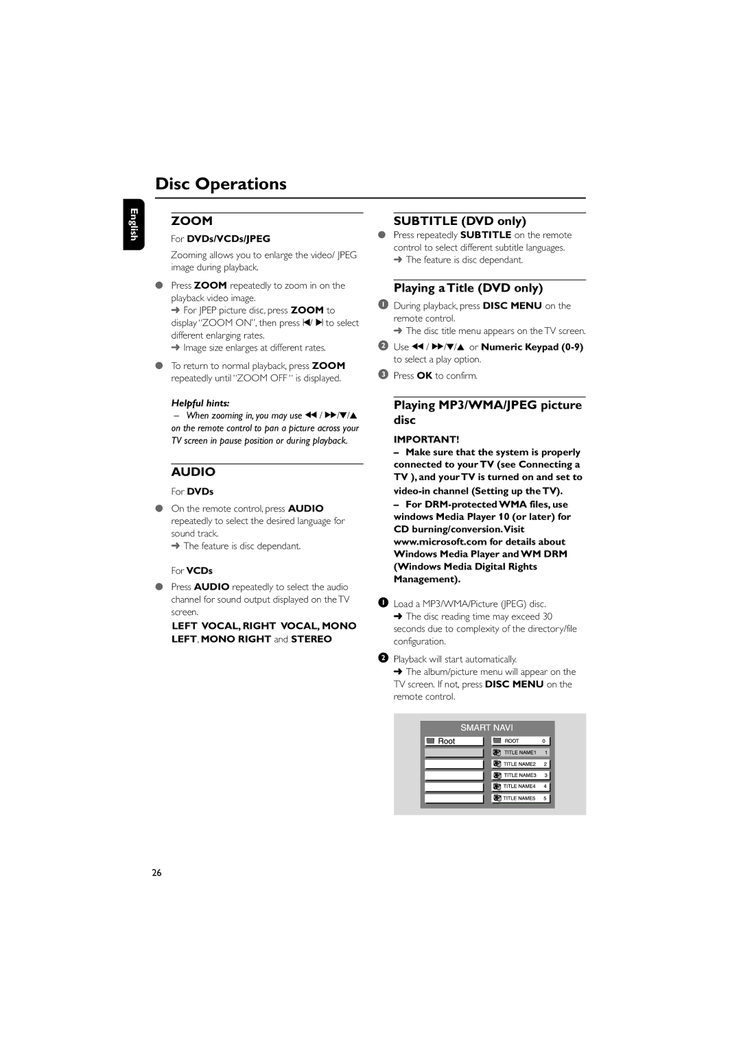 Magnavox MME239 owner manual Subtitle DVD only, Playing a Title DVD only, Playing MP3/WMA/JPEG picture disc 