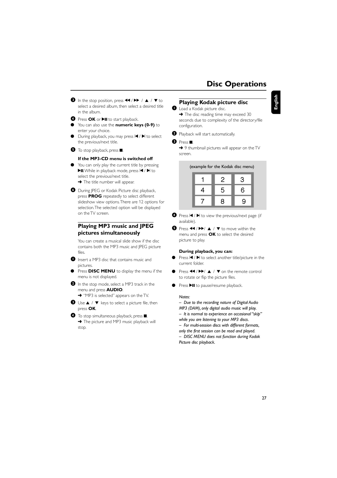 Magnavox MME239 owner manual Playing Kodak picture disc, If the MP3-CD menu is switched off, Title number will appear 