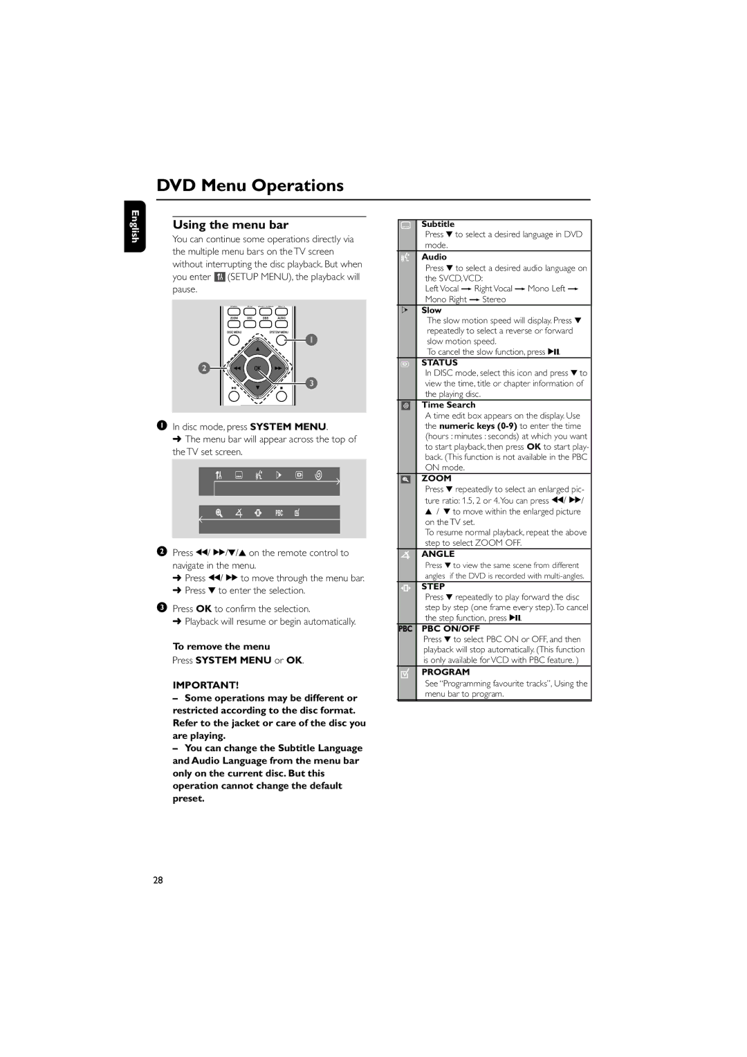 Magnavox MME239 owner manual DVD Menu Operations, Using the menu bar 