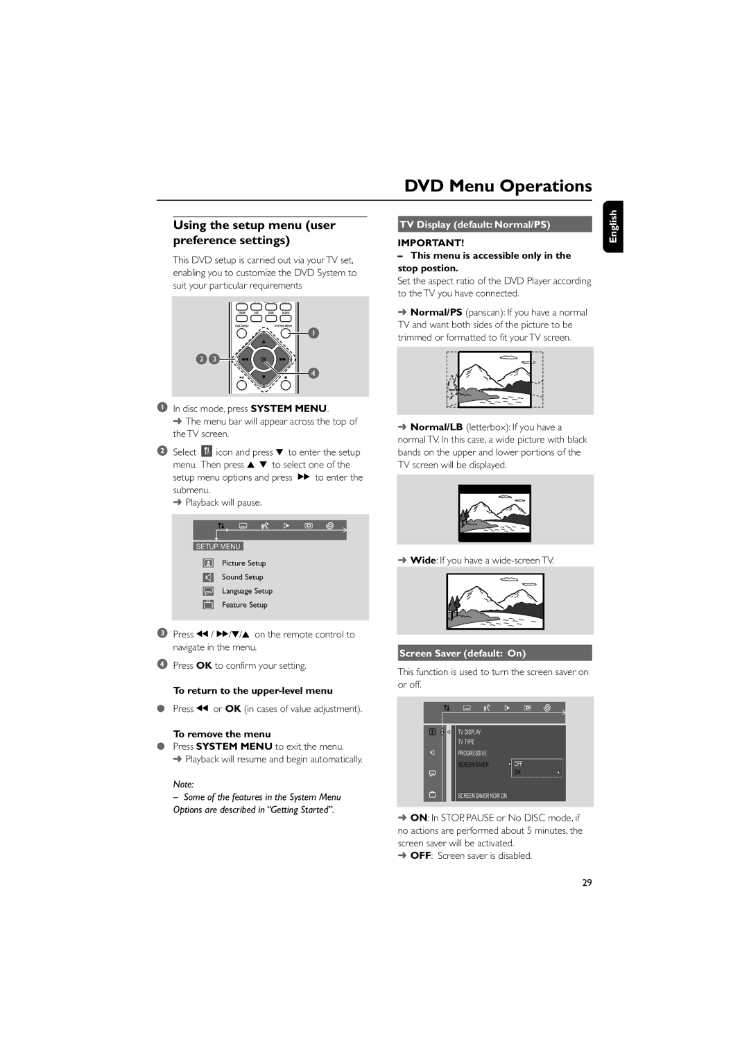 Magnavox MME239 Using the setup menu user preference settings, To return to the upper-level menu, Screen Saver default On 