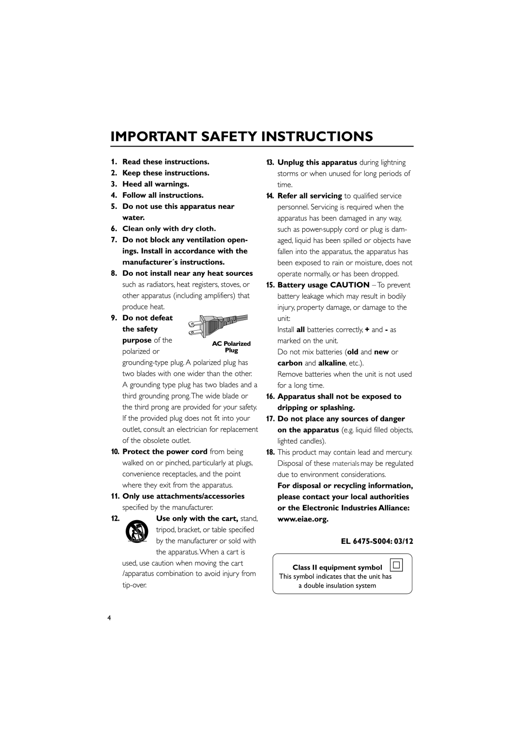 Magnavox MME239 owner manual Clean only with dry cloth, Materials, Double insulation system 