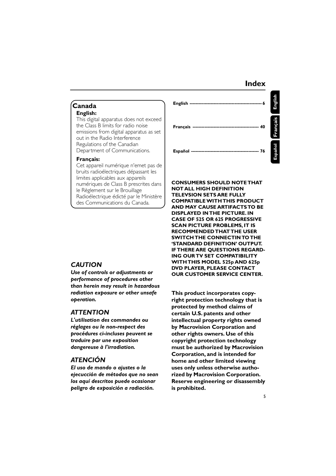 Magnavox MME239 owner manual Index, English, Français, Español 