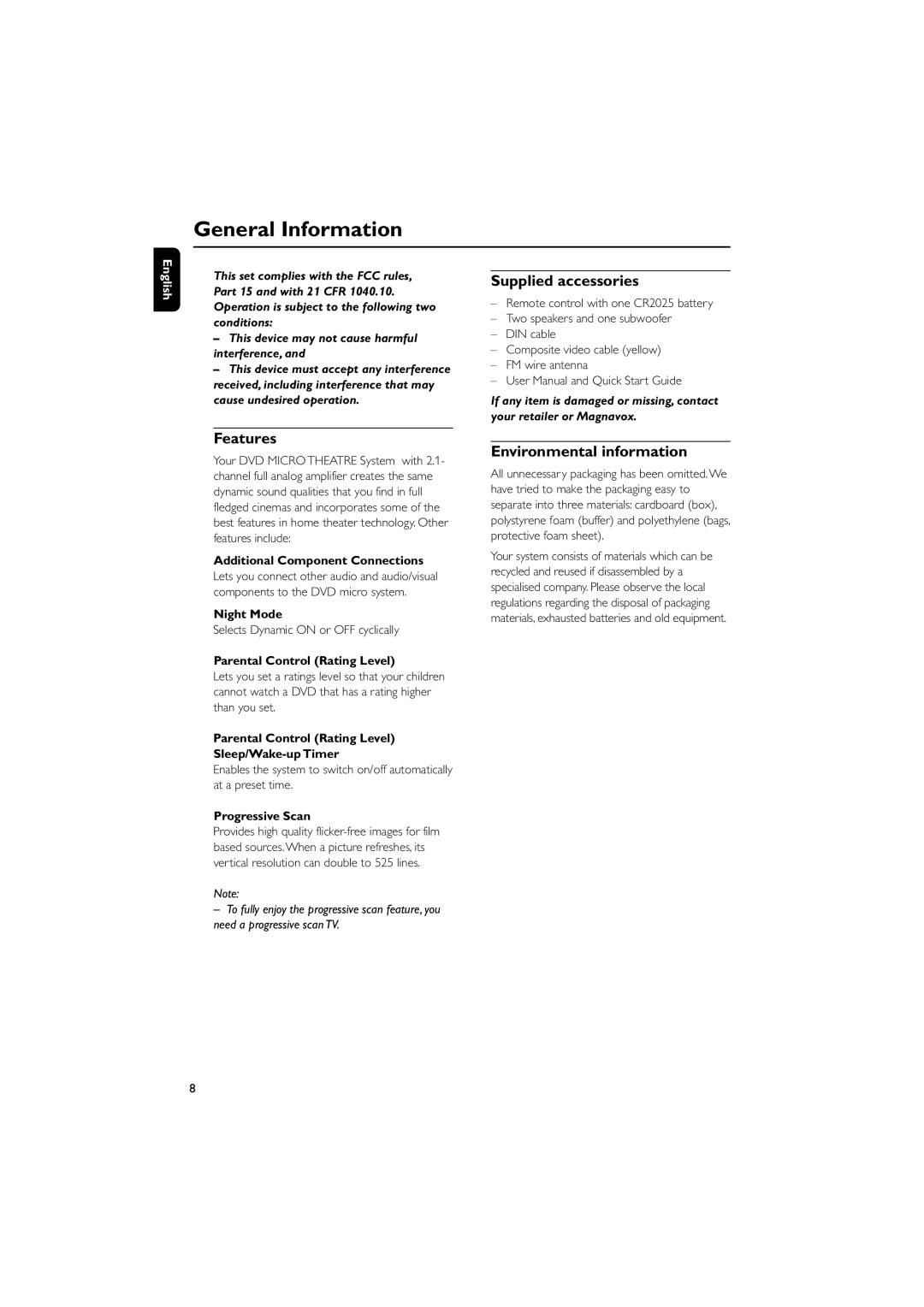 Magnavox MME239 owner manual General Information, Features, Supplied accessories, Environmental information 