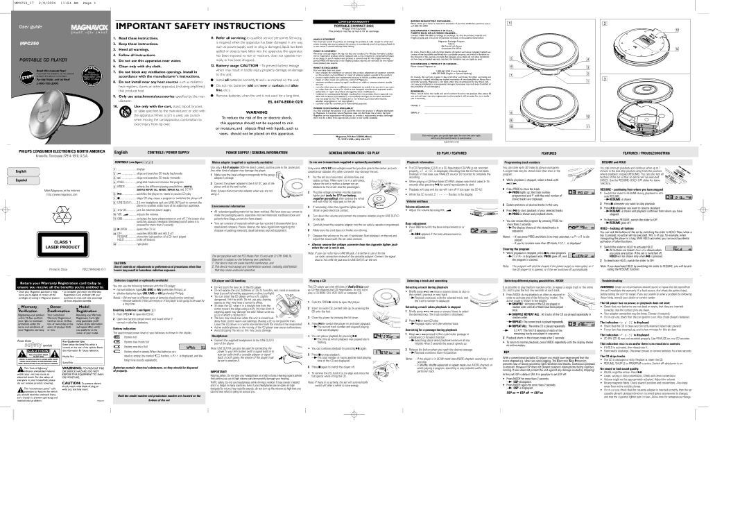 Magnavox MPC250 important safety instructions Read these instructions, Keep these instructions, Heed all warnings 