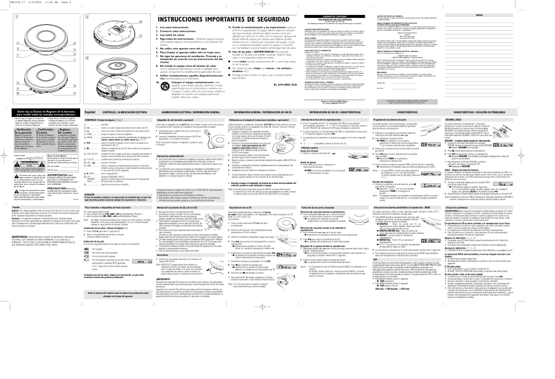 Magnavox MPC250 Lea estas instrucciones, Conserve estas instrucciones, Lea todos los avisos, Ricante, Alcalinas , etc 