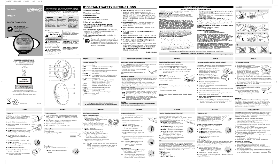 Magnavox MPC270 important safety instructions EL 6475-E005 04/01, CD player and CD handling, Inserting batteries, Properly 