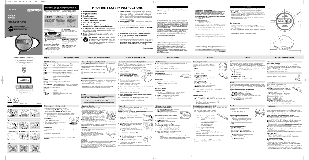 Magnavox MPC500 important safety instructions Ninety 90 Days Free Product Exchange, Hold locking all buttons, For MP3-CD 