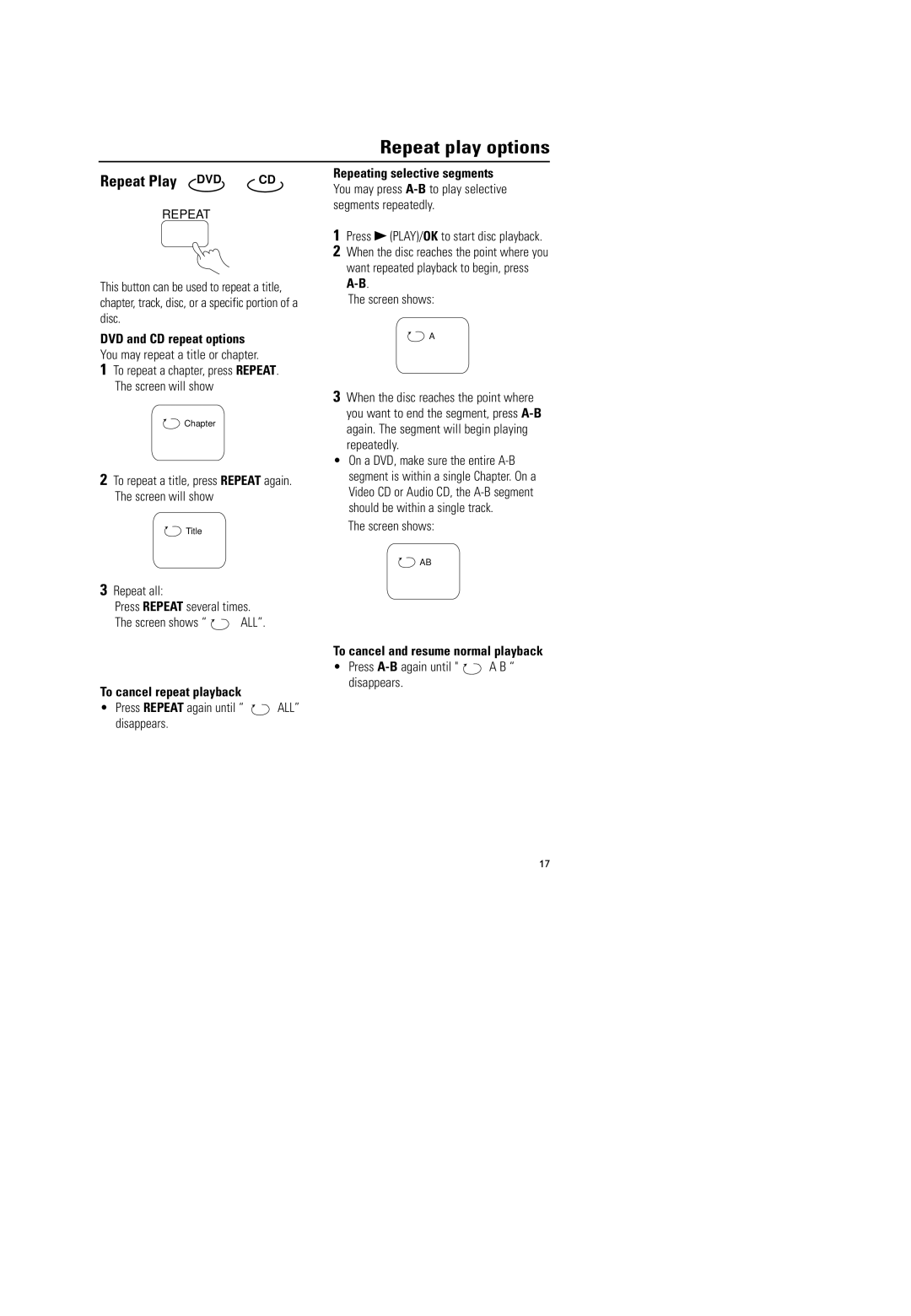 Magnavox MPD-700 warranty Repeat play options, Repeat Play DVD, To cancel repeat playback, Repeating selective segments 