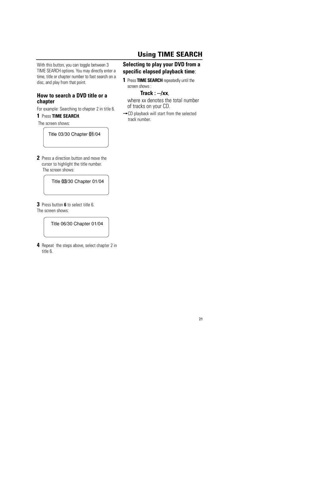 Magnavox MPD-700 warranty Using Time Search, How to search a DVD title or a chapter, Track --/xx 