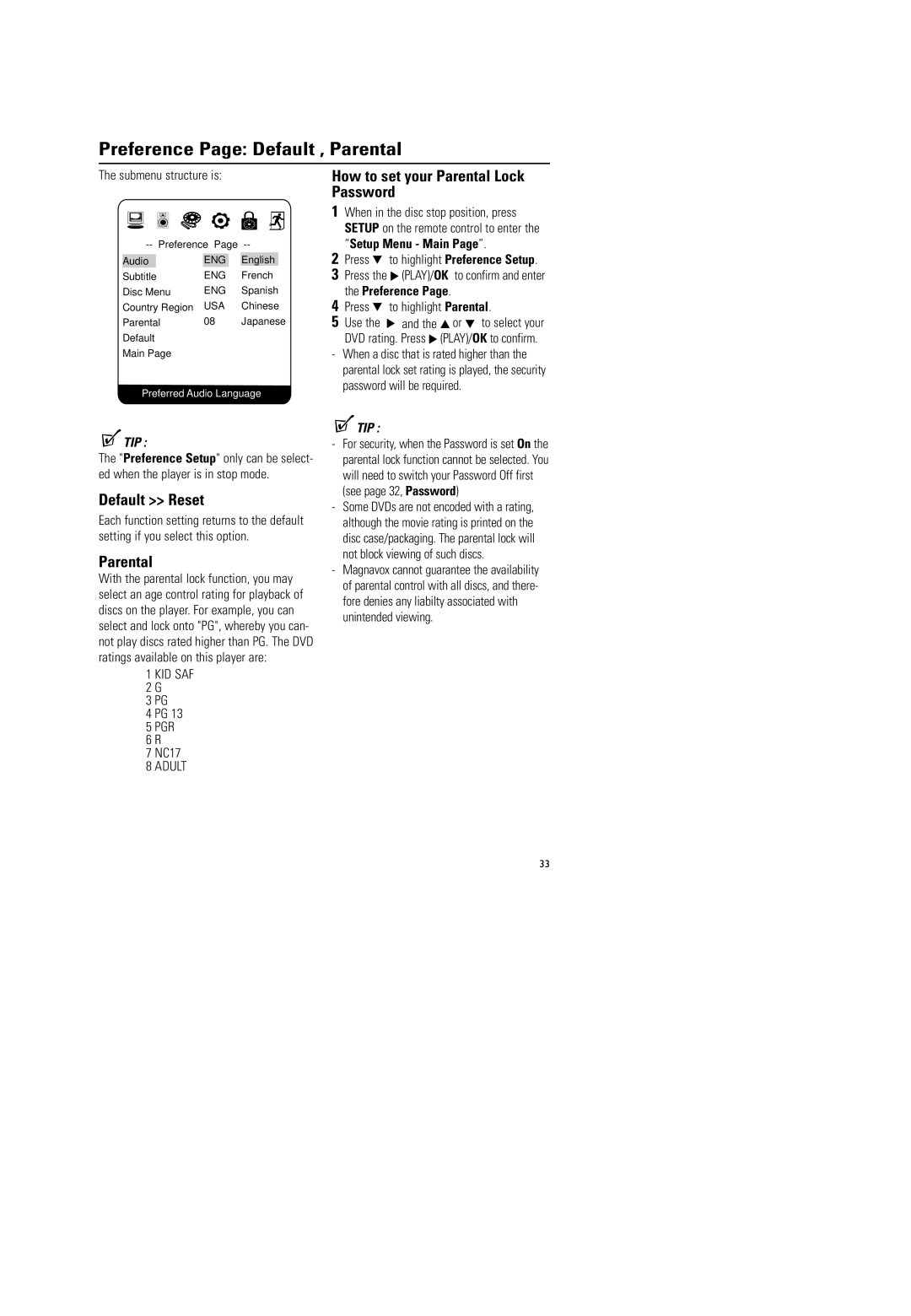 Magnavox MPD-700 warranty Preference Page Default , Parental, Default Reset, How to set your Parental Lock Password, NC17 