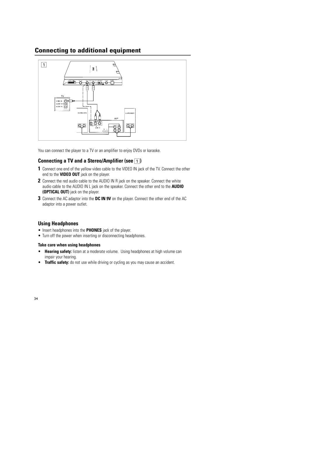 Magnavox MPD-700 warranty Connecting to additional equipment, Connecting a TV and a Stereo/Amplifier see, Using Headphones 