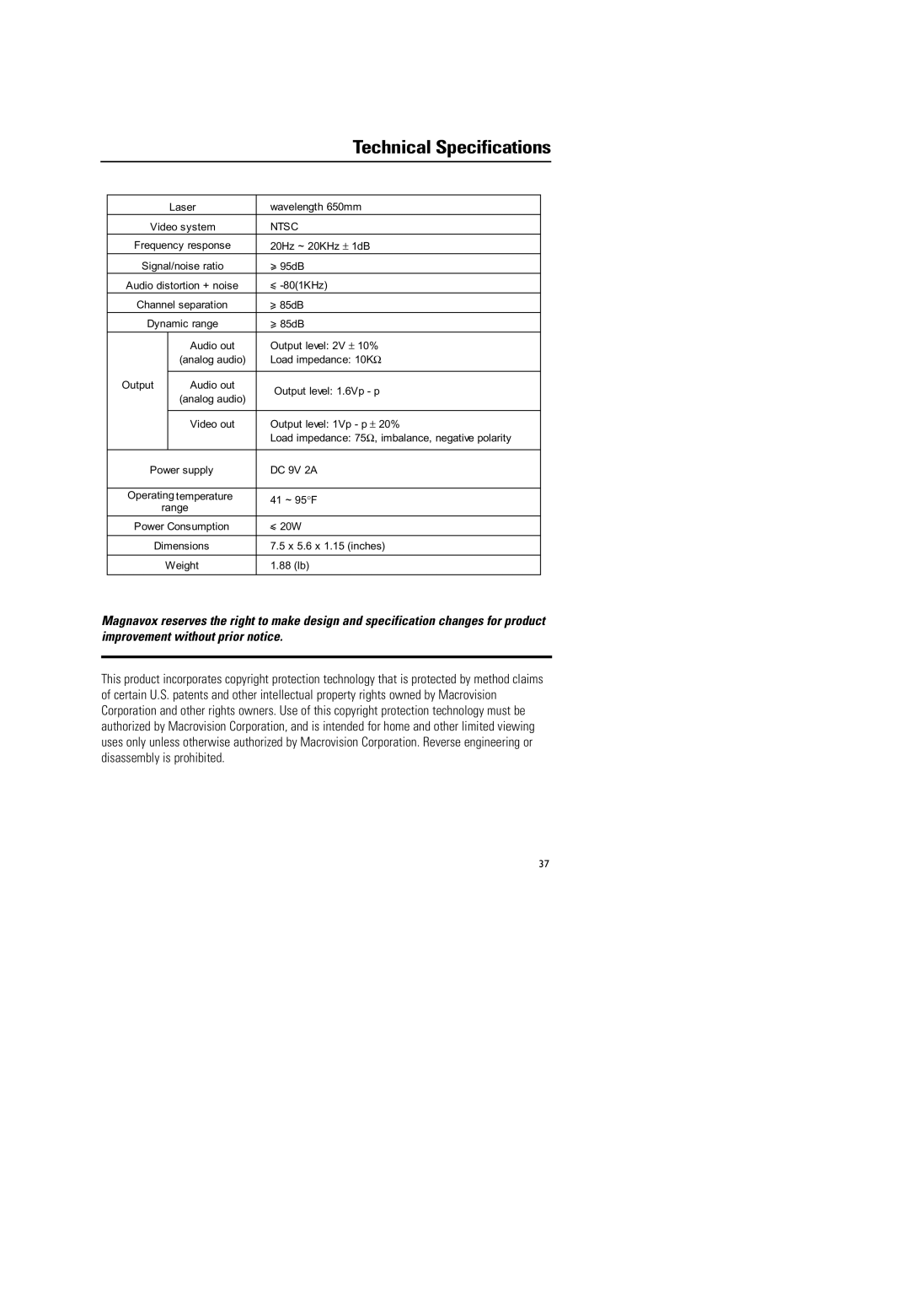 Magnavox MPD-700 warranty Technical Specifications, Ntsc 