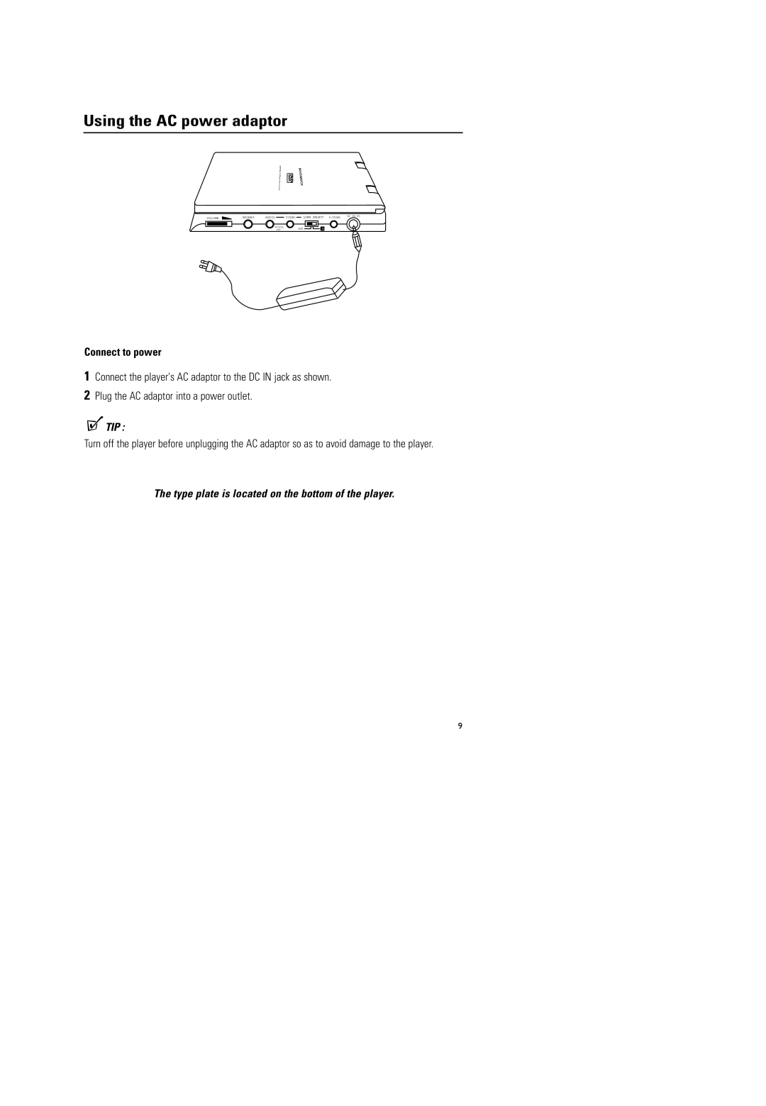 Magnavox MPD-700 warranty Using the AC power adaptor, Connect to power 