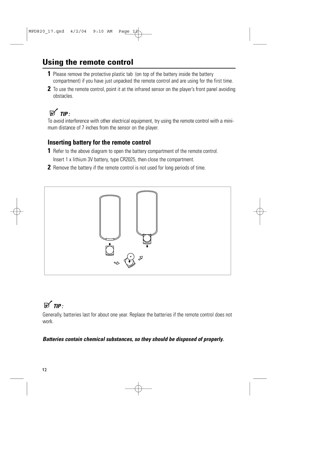 Magnavox MPD820 owner manual Using the remote control, Inserting battery for the remote control 