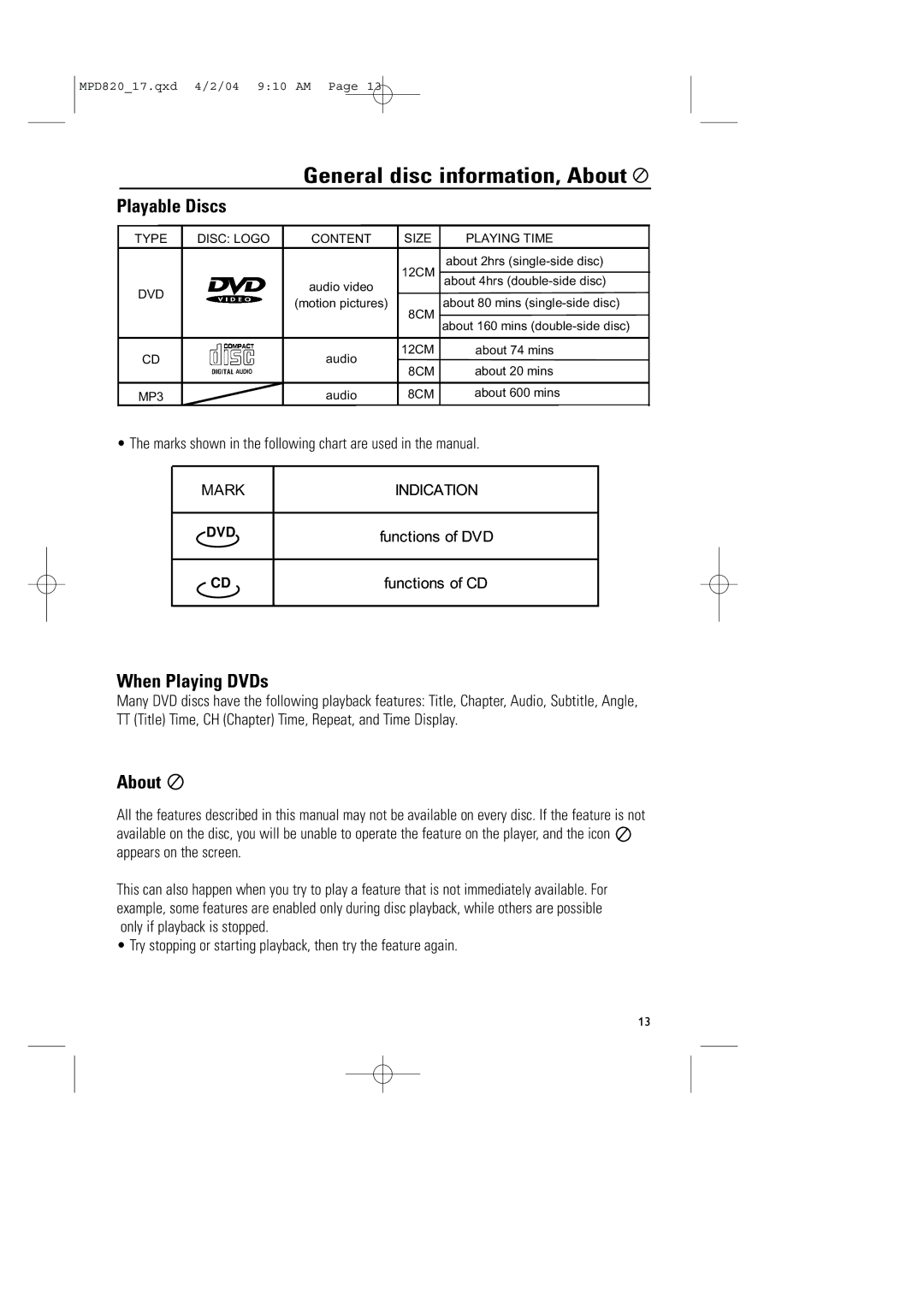 Magnavox MPD820 owner manual General disc information, About, Playable Discs, When Playing DVDs 