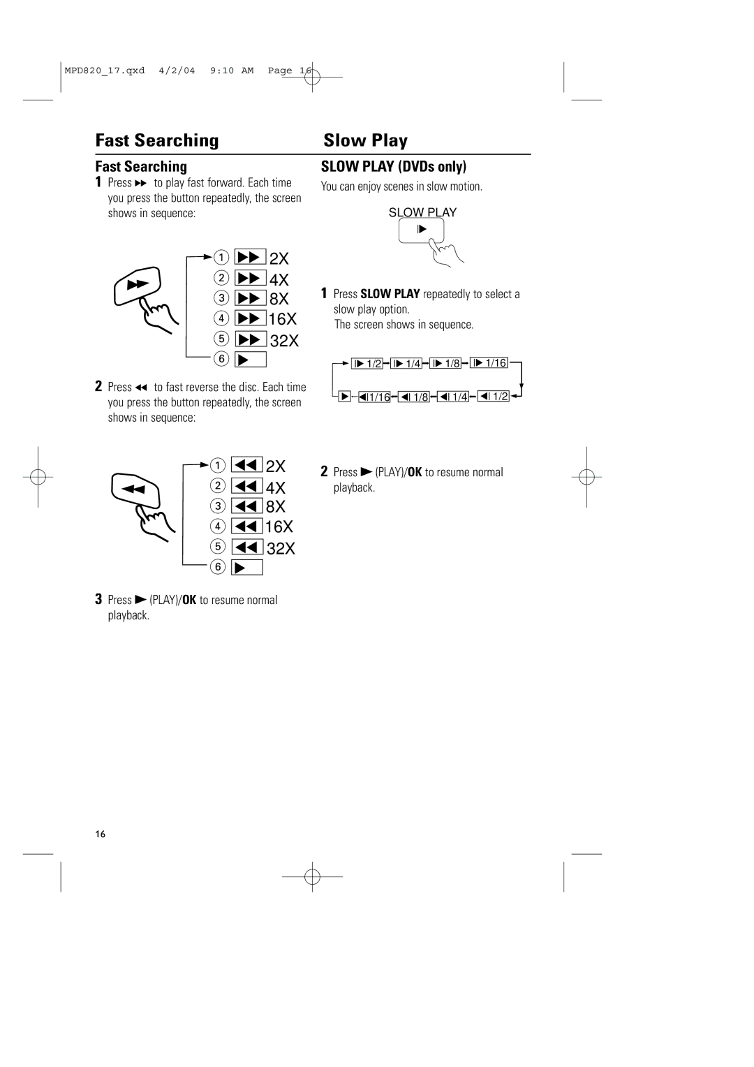 Magnavox MPD820 owner manual Fast Searching, Slow Play DVDs only, You can enjoy scenes in slow motion 